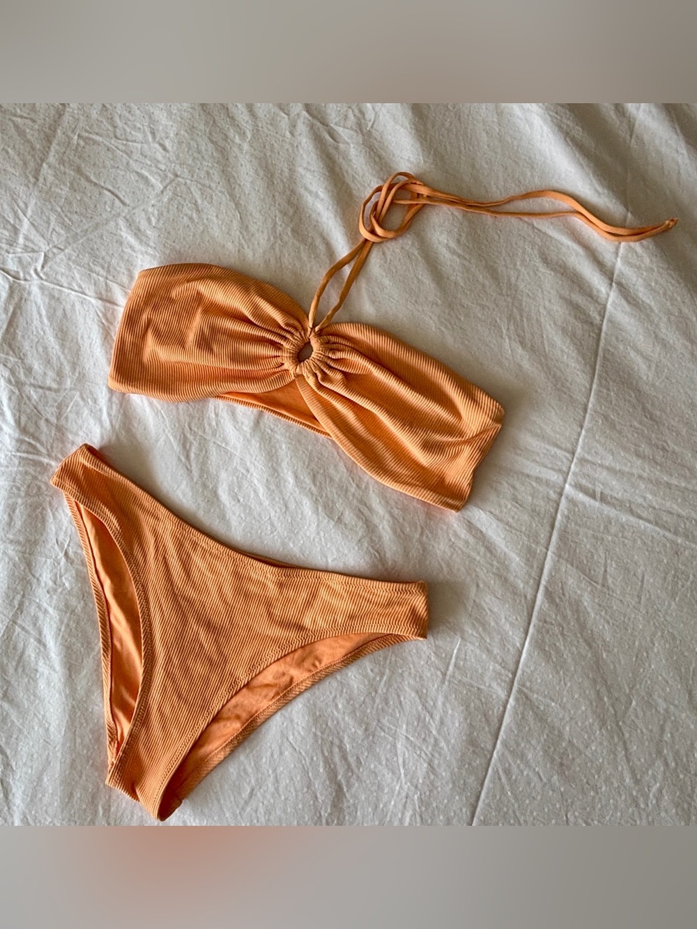 H&M Orange Ribbed Bandeau Bikini Set with Halter Tie Top 14 Bottom 12